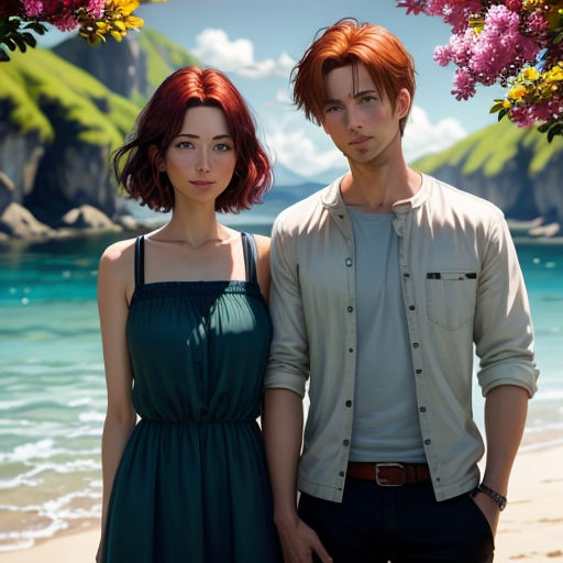a man and a woman standing next to each other on a beach near the ocean with flowers in the background