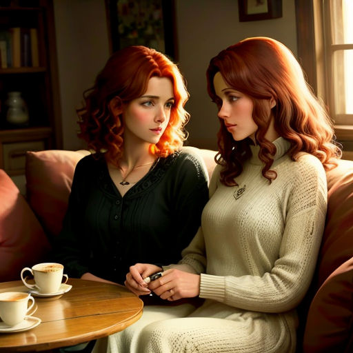 two women sitting on a couch next to a table with a cup of coffee on it and a bookcase in the background