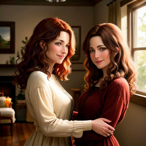 two women standing next to each other near a window in a room with a wooden floor and a painting of a woman