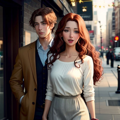 a man and a woman standing on a sidewalk next to a building and a street light with a red hair