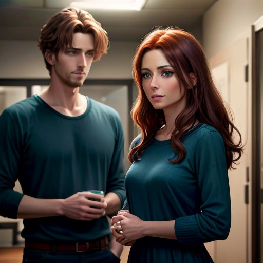 a man and a woman standing in a hallway looking at something on a cell phone in their hands and looking at the camera
