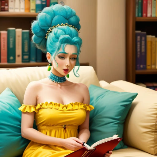 a woman in a yellow dress is reading a book on a couch with bookshelves behind her and a bookcase behind her