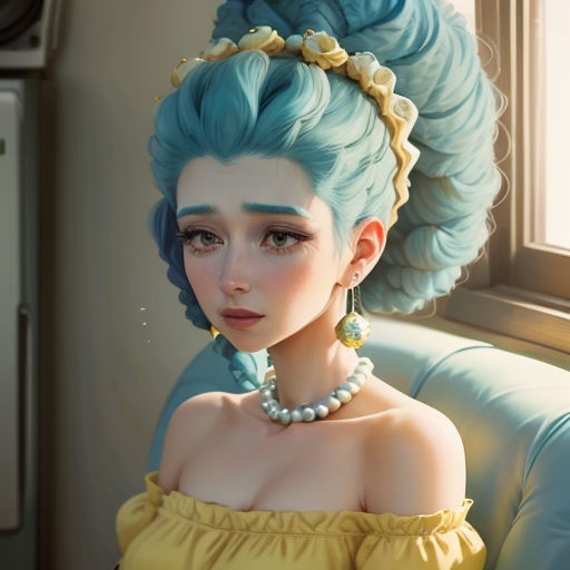 a woman with blue hair and a yellow dress is sitting on a couch with a blue hairdol