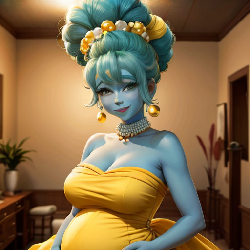 a woman in a yellow dress with a blue hair and a necklace on her head and a yellow dress