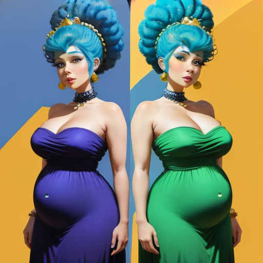 a woman in a dress with blue hair and a green dress with blue hair and a blue and green dress