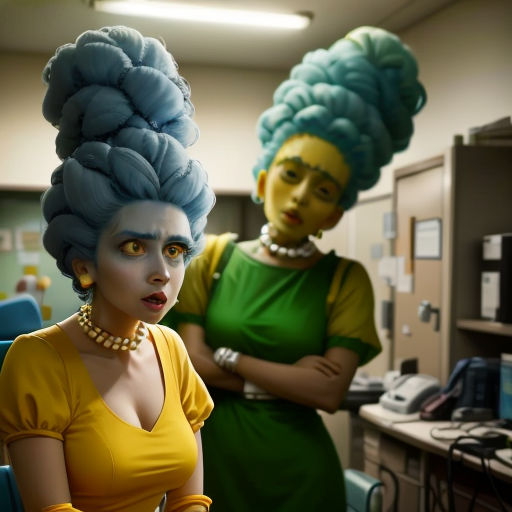 a woman with a blue hair standing next to a woman in a yellow dress in an office setting with a computer desk