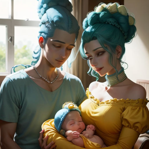 two women are holding a baby in a yellow dress and a green wig and pearls on her head and a blue hair