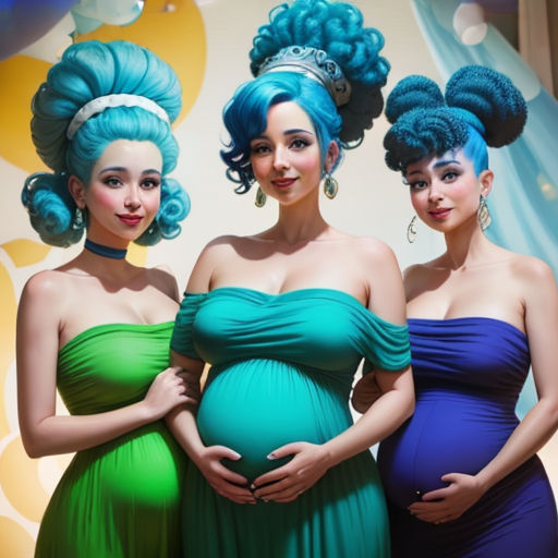 three pregnant women in dresses standing next to each other in front of a backdrop of bubbles and bubbles on the wall