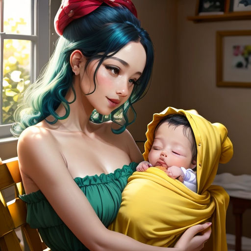 a woman holding a baby in a yellow blanket next to a window with a red bow on her head