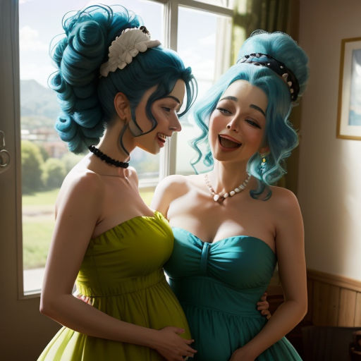 two women in dresses are standing next to each other and smiling at each other while they are looking at each other