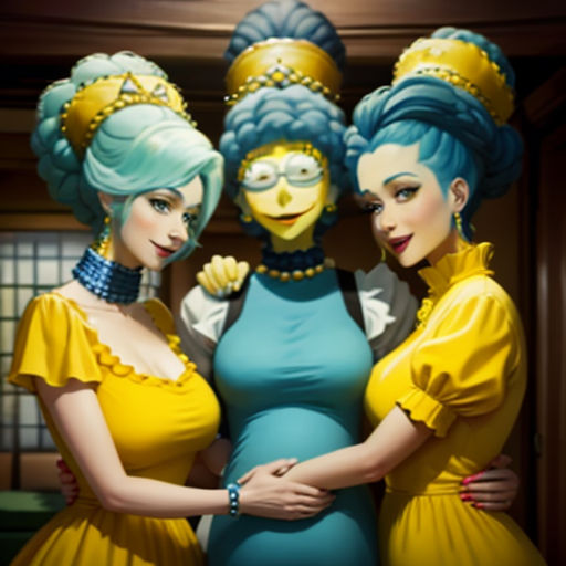 three women in dresses standing next to each other with a simpsons character on their stomachs and a simpsons character on their stomach