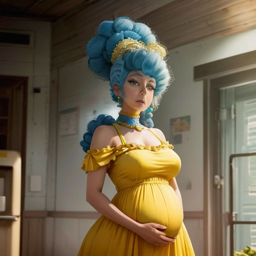 a pregnant woman in a yellow dress with a blue wig and a blue hairdo is standing in a room