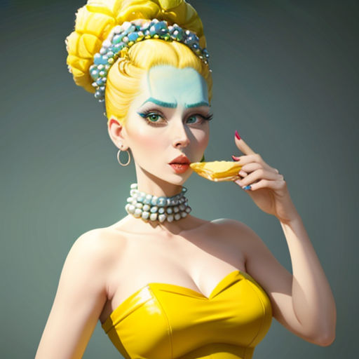 a woman in a yellow dress with a banana in her hand and a necklace on her head and a yellow dress with pearls on her shoulders