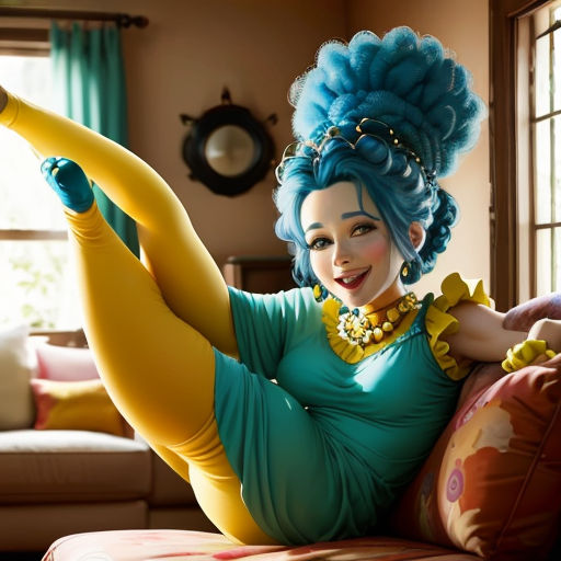 a woman with blue hair and a blue wig is laying on a couch with her legs spread out and a yellow necklace
