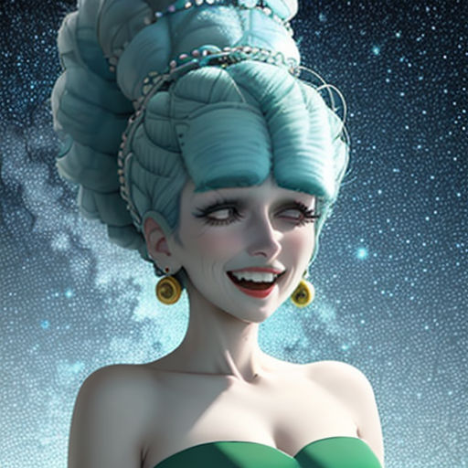 a woman with a green dress and a big hairdow in the sky with stars in the background