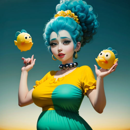 a woman with blue hair holding two yellow fish in her hands and a yellow fish in her hand,