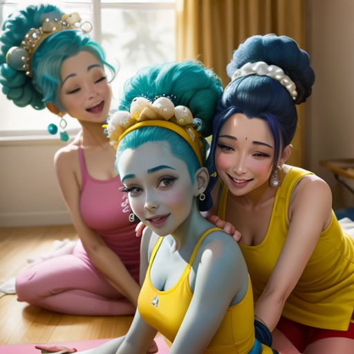 three women in yellow dresses are posing for a picture together in a room with a window and a pink rug