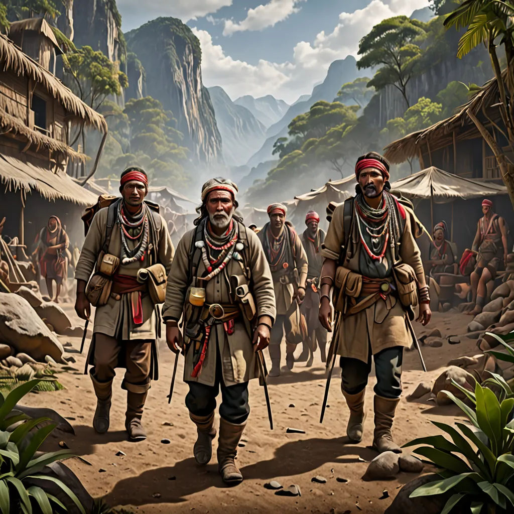 a painting of a group of men walking through a jungle with mountains in the background and a mountain range in the distance, a detailed matte painting, highly detailed digital painting, primitivism, Carl Critchlow
