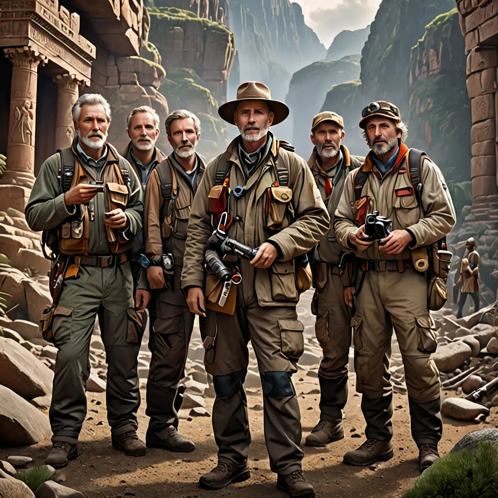 a group of men standing next to each other in front of a mountain range with a camera in their hands, a photorealistic painting, imax 70 mm footage, photorealism, Annie Leibovitz