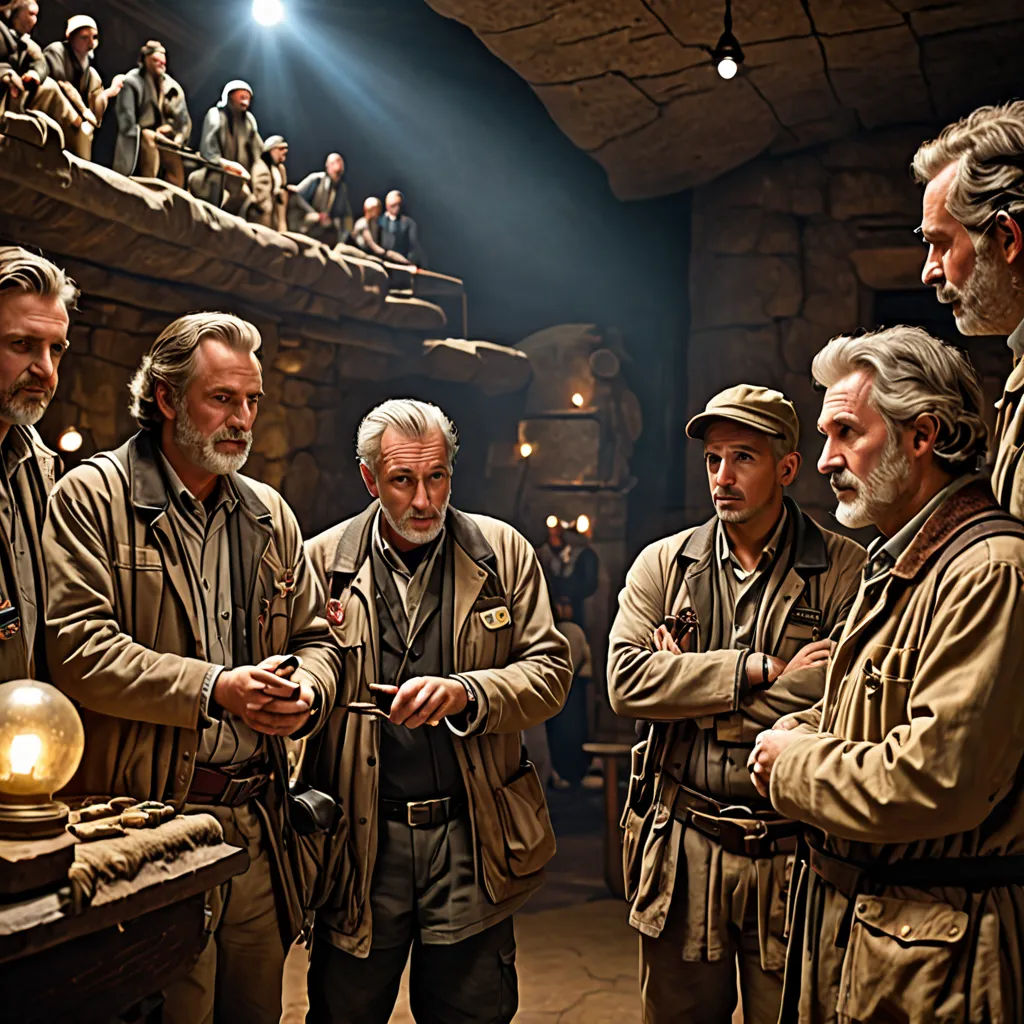 a group of men standing around a wooden table with a light on it's side and a crowd of people in the background, a detailed matte painting, movie still, arts and crafts movement, Drew Struzan
