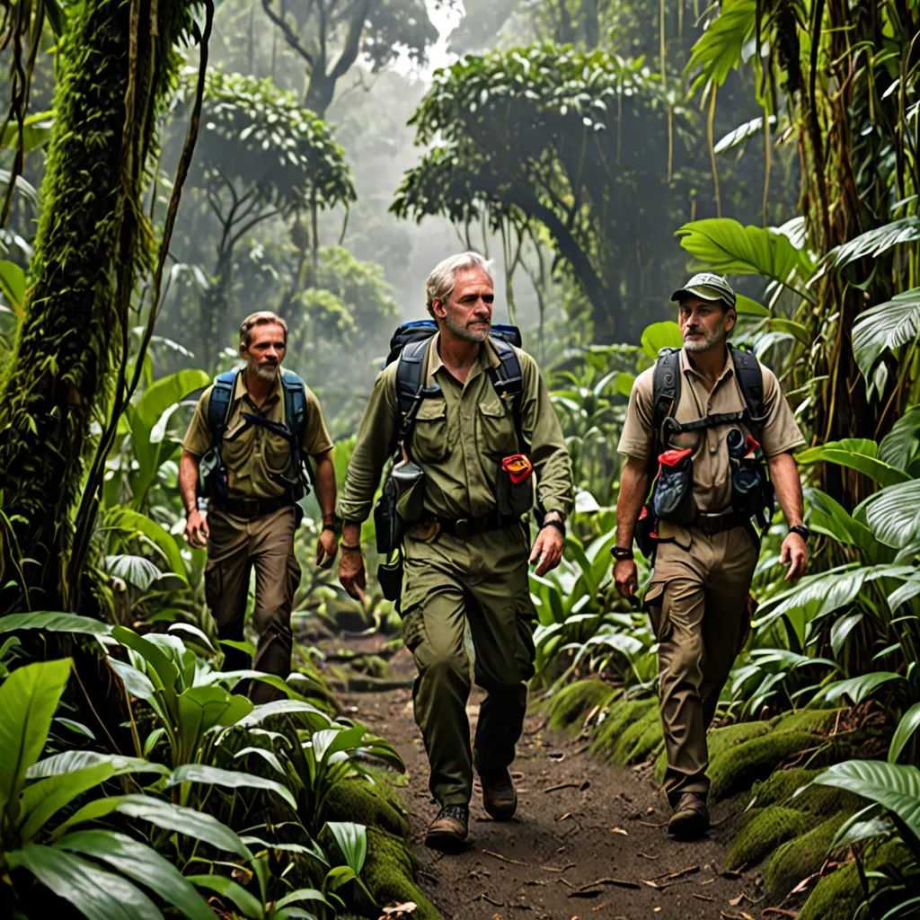 three men walking through a jungle with backpacks on their backs and a backpack on their back, with trees and plants in the background, a stock photo, promotional image, sumatraism, Eric de Kolb