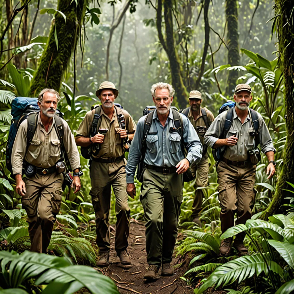 a group of men walking through a jungle with backpacks on their backs and backpacks on their backs, a stock photo, promotional image, sumatraism, Eric de Kolb