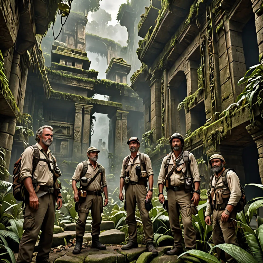 a group of men standing in a jungle with a building in the background and a jungle in the foreground, a detailed matte painting, matte painting, photorealism, Drew Struzan
