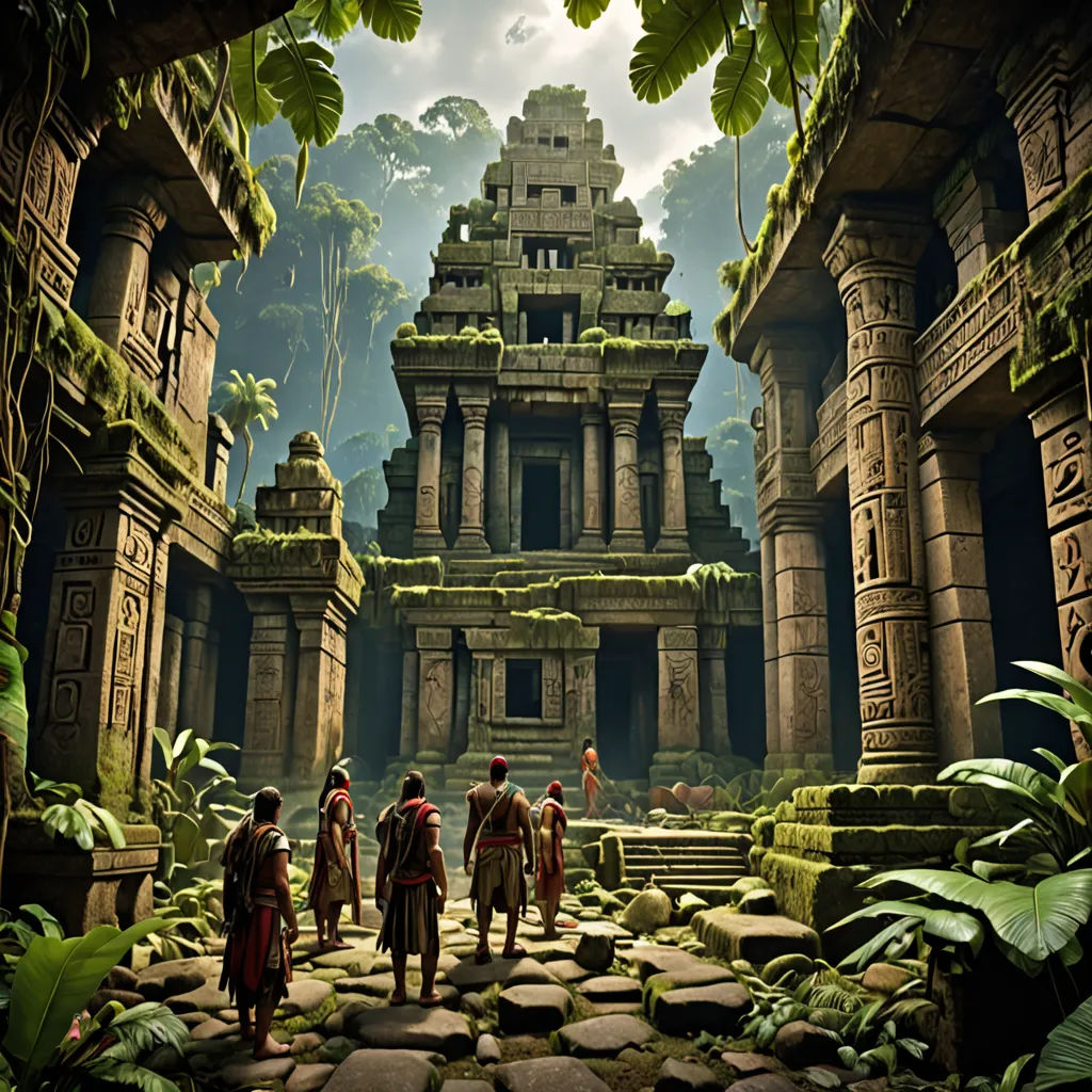 a group of people standing in front of a stone structure in a jungle setting with a stone walkway leading to a stone structure, a detailed matte painting, cinematic matte painting, sumatraism, Cedric Seaut (Keos Masons)