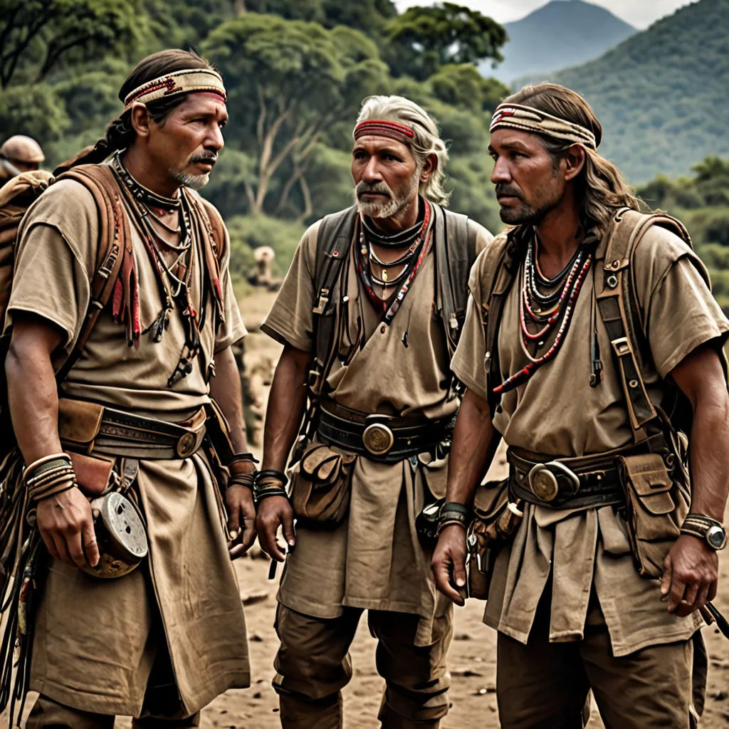 a group of men in native clothing standing next to each other on a dirt field with trees in the background, a character portrait, movie still, primitivism, Eddie Mendoza