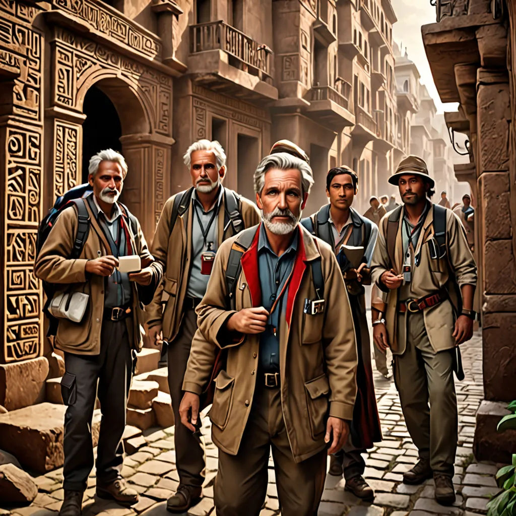 a group of men walking down a street next to each other on a cobblestone road with a building in the background, a detailed matte painting, cinematic photography, photorealism, Diego Gisbert Llorens