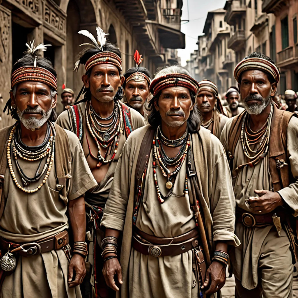 a group of men in native indian garb walking down a street in a city with tall buildings and a clock tower, a detailed matte painting, cinematic photography, les nabis, Altoon Sultan