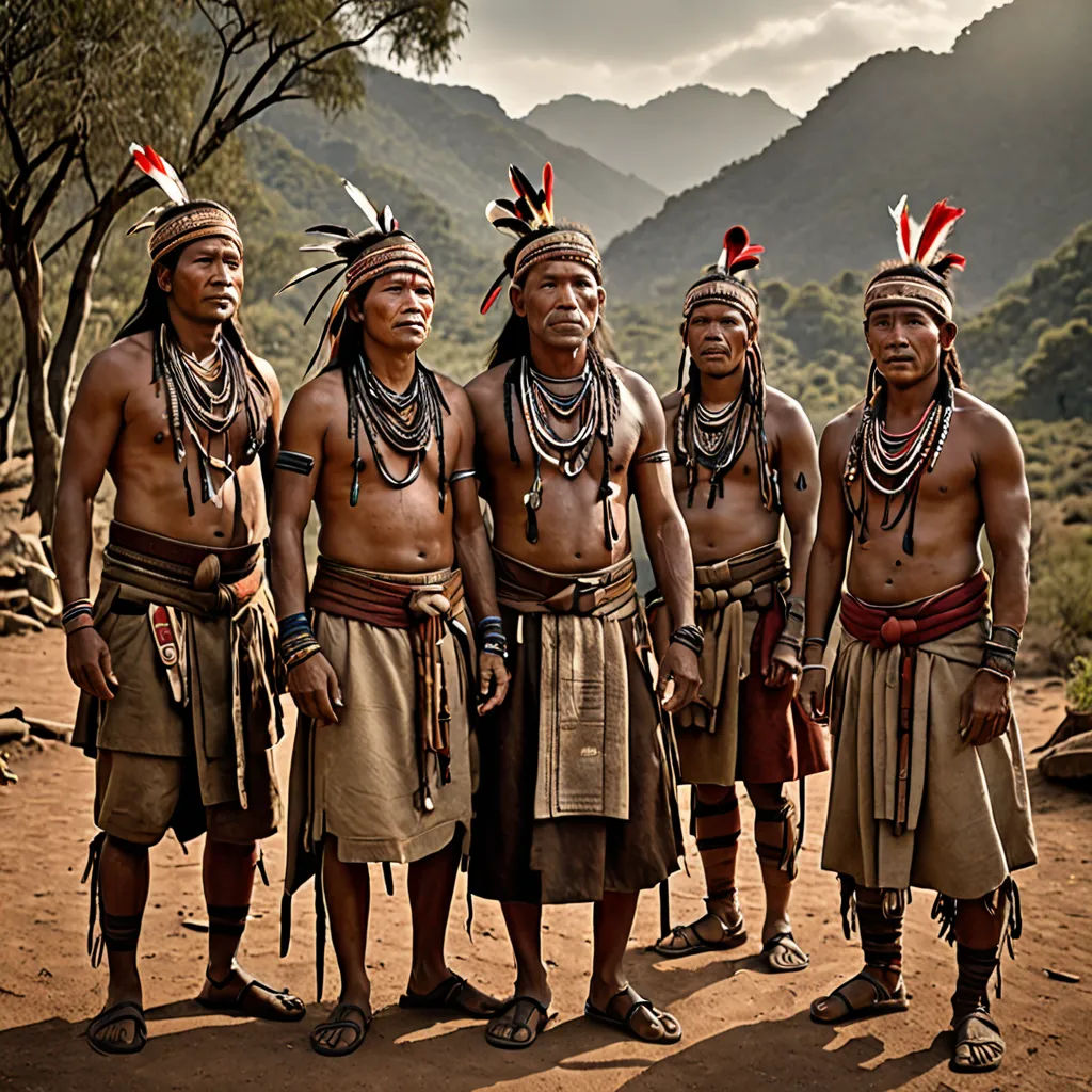 a group of native american men standing next to each other on a dirt field with mountains in the background, a detailed matte painting, behance hd, sumatraism, David Imms