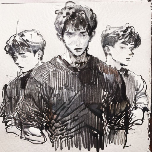 a drawing of two men with one holding a child's hand and the other holding a child's hand