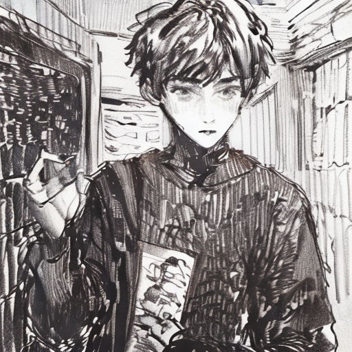 a drawing of a boy holding a cell phone in his hand and looking at the screen with a sad face