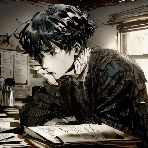 a man sitting at a desk with papers and a pen in his hand and a book in his other hand