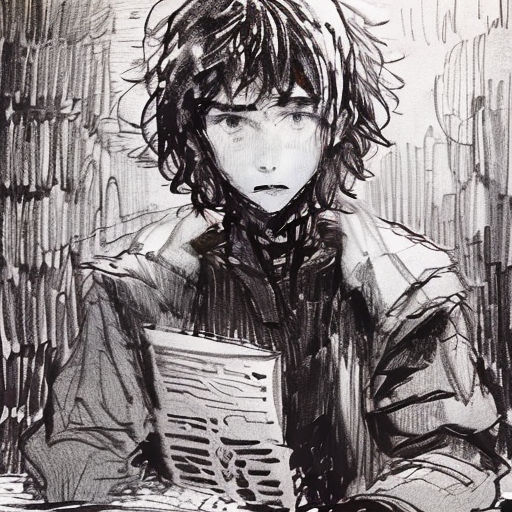 a drawing of a boy reading a book in a room with a wall behind him and a window behind him