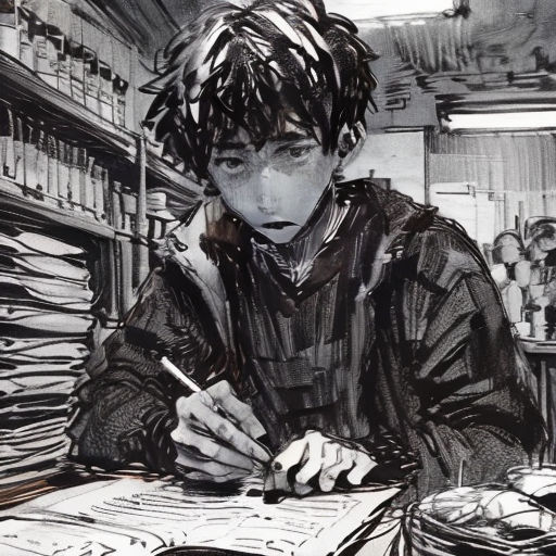a man sitting at a desk writing on a piece of paper with a pen in his hand and a lot of papers on the table