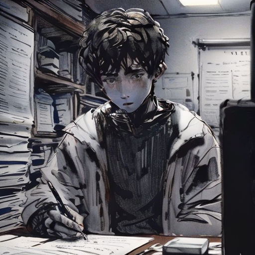 a man sitting at a desk with a lot of papers on it and a computer monitor in front of him