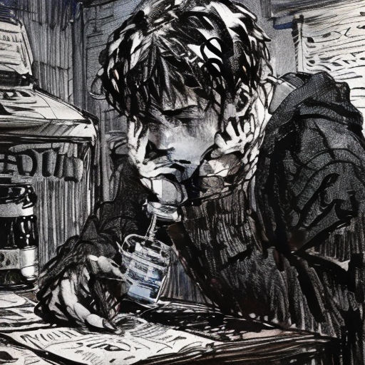 a drawing of a man sitting at a table with a bottle of alcohol in his hand and a newspaper in his other hand