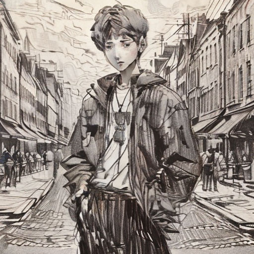 a drawing of a person standing on a street corner with a handbag in his hand and a man in the background