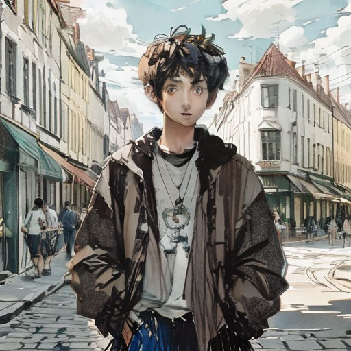 a man standing on a street with a hat on his head and a jacket on his shoulders and a shirt on his shoulder