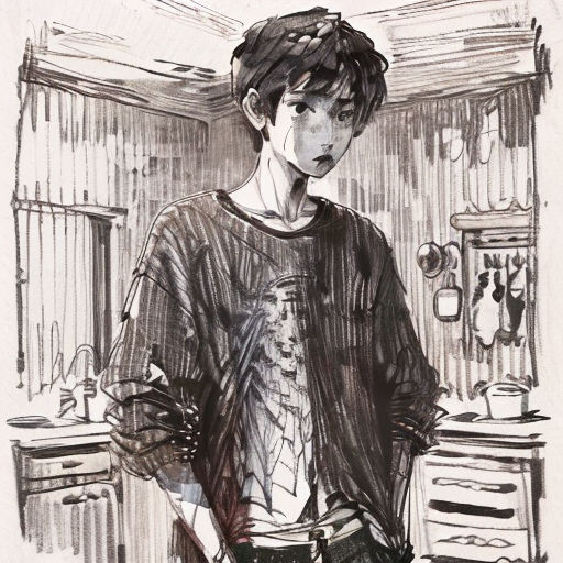 a drawing of a boy standing in a kitchen with a knife in his hand and a knife in his hand