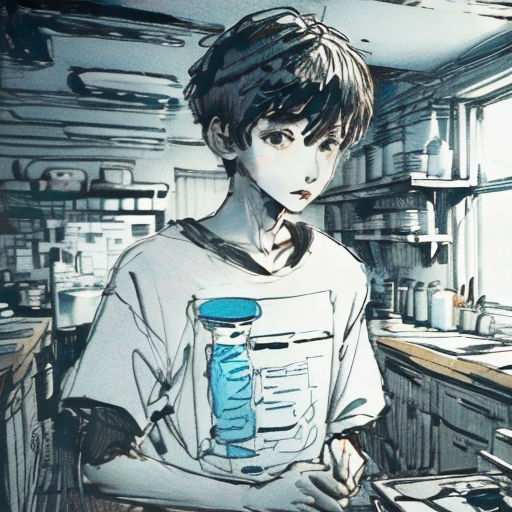 a boy in a kitchen with a can of soda in his hand and a computer on the counter behind him