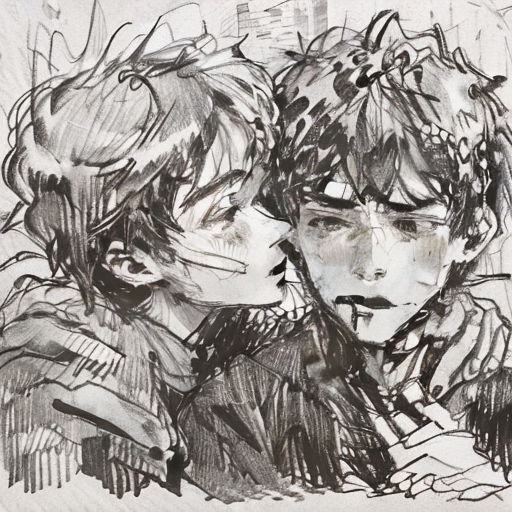 a drawing of two people kissing each other with a city in the background and a building in the background