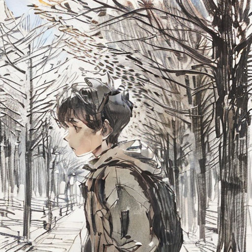 a drawing of a person walking in the snow in a park with trees and snow covered ground, with a person walking in the distance