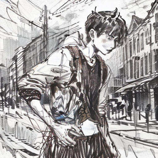 a drawing of a man standing on a street corner holding a bag and a cell phone in his hand