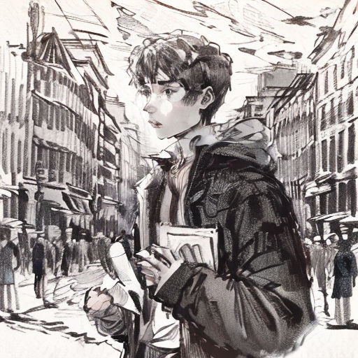 a drawing of a man standing in the street with a book in his hand and a crowd of people walking by