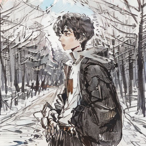 a drawing of a person standing in the snow with a backpack on his back and a bird flying above