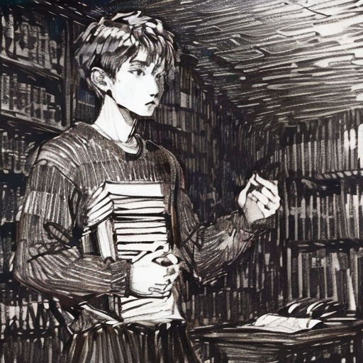 a drawing of a boy in a library holding a book and a cup of coffee in his hand, with a bookcase in the background