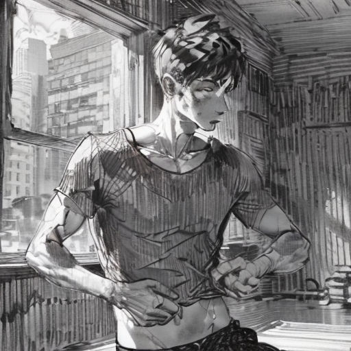 a woman standing in front of a window with her hands on her hips and her hands on her hips